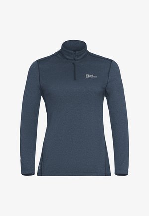 Men's dark blue long-sleeve pullover with quarter zip and Jack Wolfskin logo on left chest, made of smooth, textured fabric.