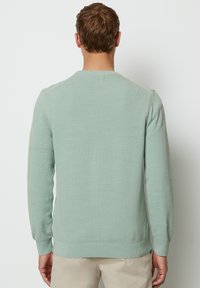 Hellgrüner Strickpullover mit langen Ärmeln, gerippten Bündchen und Saum. Strukturiertes Muster mit rundem Ausschnitt.