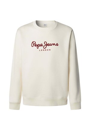 Hanorac de culoare crem, cu manșete și tiv cu zimți. Are un logo roșu inscripționat „Pepe Jeans LONDON” pe față. Textură moale.
