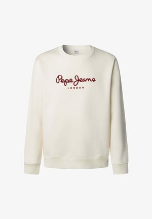Kreemivärviline pusa ribitud mansettide ja äärega. Ees on punane kiri, mis ütleb "Pepe Jeans LONDON". Pehme tekstuur.