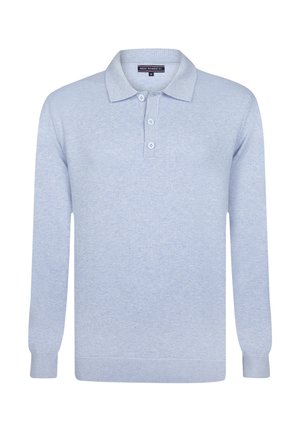 Lyseblå langærmet polo sweater med tre knapper og ribstrikkede manchetter og kant, størrelse medium, mærke Felix Hardy.