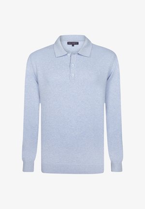 Jasnoniebieski sweter polo z długim rękawem, trzema guzikami oraz ściągaczami przy mankietach i u dołu, rozmiar średni, marka Felix Hardy.