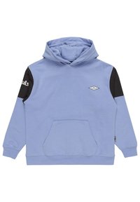 Hoodie en coton bleu avec une poche avant, des manches noires contrastantes et un logo en diamant sur la poitrine. Texture douce et design à coupe standard.