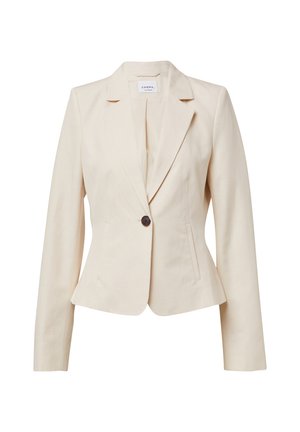 Light beige blazer made of a smooth fabric. Features sharp lapels, a single brown button, and two side pockets with a fitted silhouette.