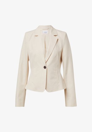 Jasnobeżowa marynarka uszyta z gładkiego materiału. Posiada ostre klapy, jeden brązowy guzik oraz dwie boczne kieszenie, zapewniając dopasowany krój.