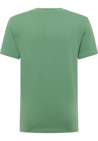 Zelené krátké tričko s krátkým rukávem vyrobené z jemné bavlny. Obsahuje klasický kulatý výstřih a jednoduchý, jednobarevný design. Bez vzorů nebo akcentů.