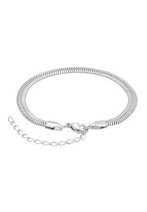Silbernes Schlangenkettchen-Armband mit Karabinerverschluss und verstellbarer Verlängerungskette auf weißem Hintergrund.