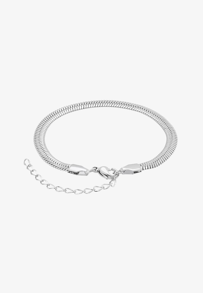 Bracelet chaîne serpent en argent avec fermoir mousqueton et chaîne d'extension réglable sur fond blanc.