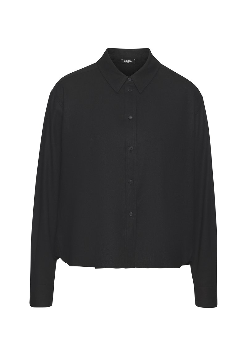 Black long-sleeve shirt with a collared neck, button-down front, and relaxed fit. Fabric appears smooth with a slight sheen.