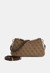 Brązowa torebka w wzory, wyposażona w zamek błyskawiczny, regulowany pasek na ramię oraz trójkątną plakietkę z logo na przodzie. Wykonana z materiału syntetycznego.