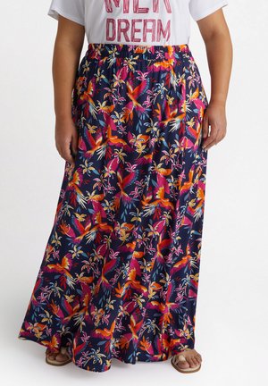 Florale maxi rok in marineblauw, voorzien van roze, oranje en groene patronen van vogels en bladeren. Elastische tailleband voor comfort.