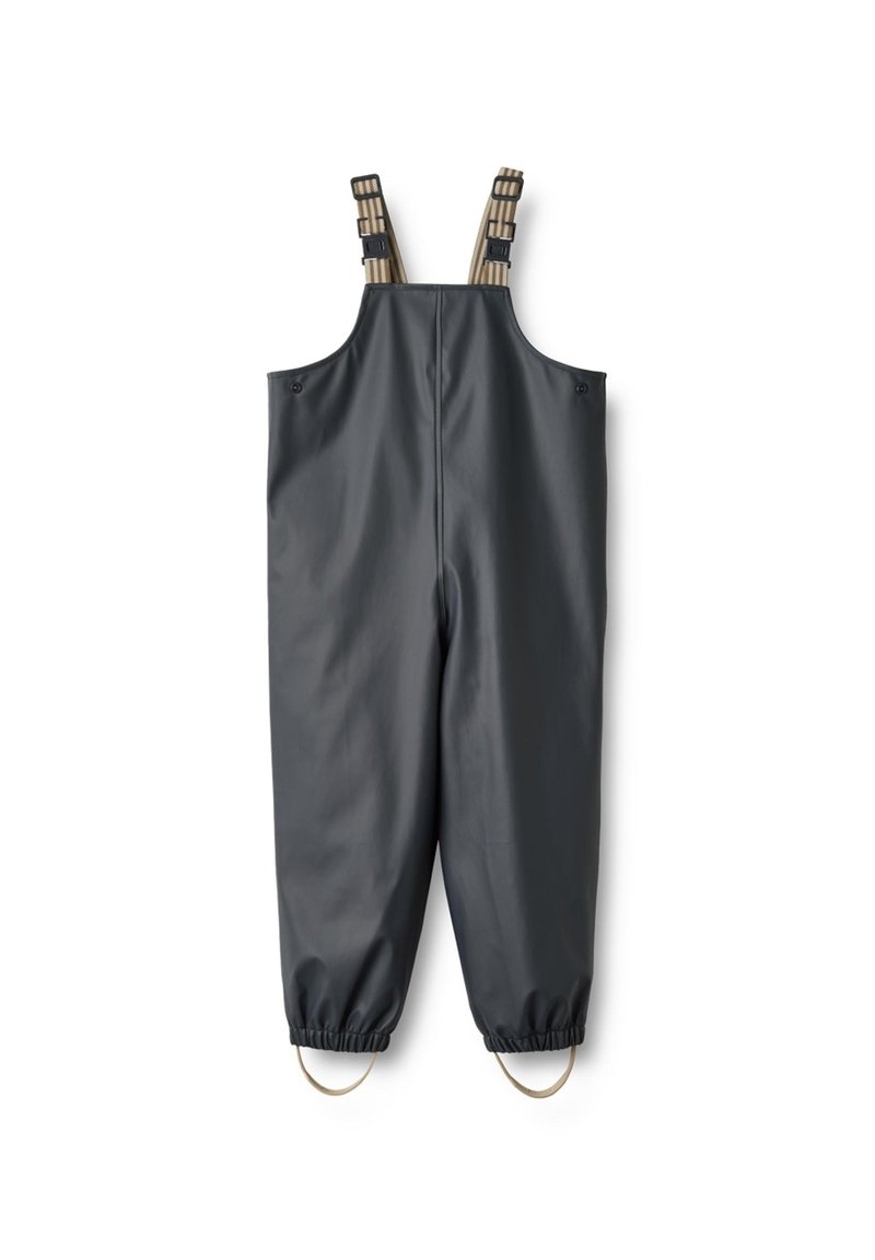 Grijze waterdichte overall met verstelbare tan straps, elastische manchetten en drukknoopdetails. Gemaakt van duurzaam materiaal, geschikt voor gebruik buitenshuis.
