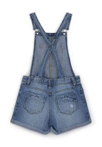 Pantaloni salopette in denim di colore azzurro chiaro, con spalline incrociate regolabili, una vita elasticizzata e tasche posteriori con un leggero effetto usurato.