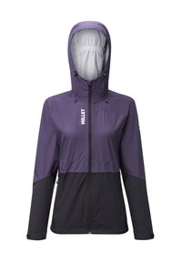 Lila-schwarze zweifarbige Jacke mit Kapuze, ausgestattet mit einem Reißverschluss, elastischen Bündchen und einem Logo auf der Brust. Leichter, glänzender Stoff.