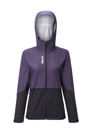 Veste deux tons violet et noir avec capuche, dotée d'un zip à l'avant, de poignets élastiques et d'un logo sur la poitrine. Tissu léger et élégant.