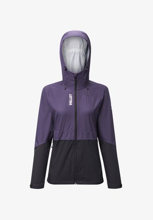 Veste deux tons violet et noir avec capuche, dotée d'un zip à l'avant, de poignets élastiques et d'un logo sur la poitrine. Tissu léger et élégant.