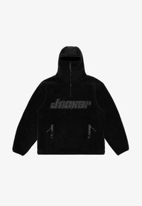 Pullover in pile nero con zip a quarto, cappuccio, due tasche laterali e logo in rilievo sul davanti. Texture morbida e design rilassato.