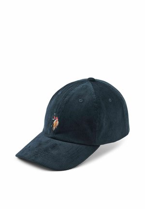 Casquette de baseball en velours côtelé bleu marine avec logo brodé d’un joueur de polo à l’avant, inclinée vers la droite sur un fond blanc.