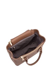 Borsa a mano in pelle marrone con un esterno testurizzato, zip dorata e un interno in tessuto grigio. Presenta doppi manici e tasche interne.