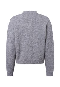 Grauer Strickpullover mit lockerer Passform, überschnittenen Schultern, gerippten Bündchen und Saum. Weicher Stoff und minimalistische Nahtdetails auf der Rückseite.