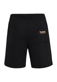 Zwarte katoenen sportshorts met een elastische tailleband, een achterzak en een gouden logoaccent aan de rechterkant.