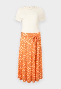 T-Shirt-Kleid mit cremefarbenem Oberteil und orangefarbener Rock mit weißen Blattmustern, elastischem Bund und Bindedetail für eine verstellbare Passform.