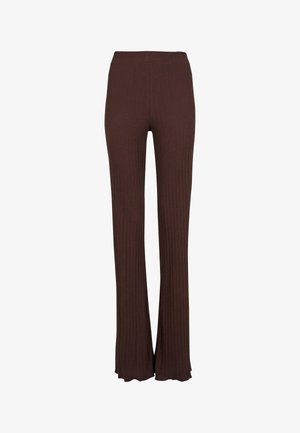 Brown ribbed flared pants with a high waistband. The fabric has a smooth texture, and the bottom edges are slightly wavy.