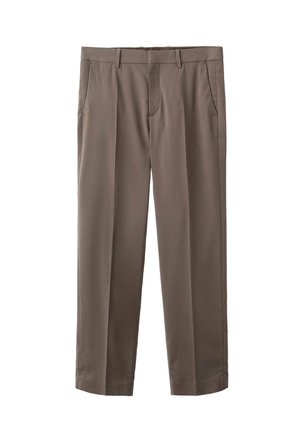 Pantaloni da uomo marroni su misura realizzati in tessuto morbido, con pancia piatta, due tasche laterali e un design a gamba dritta.