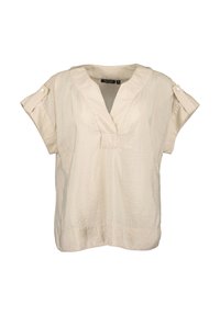 Blusa corta crema a maniche corte con scollatura a V, leggermente texturizzata e con bottoni decorativi sulle maniche. Tessuto leggero.