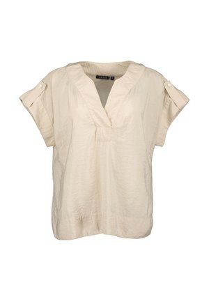 Blusa corta crema a maniche corte con scollatura a V, leggermente texturizzata e con bottoni decorativi sulle maniche. Tessuto leggero.