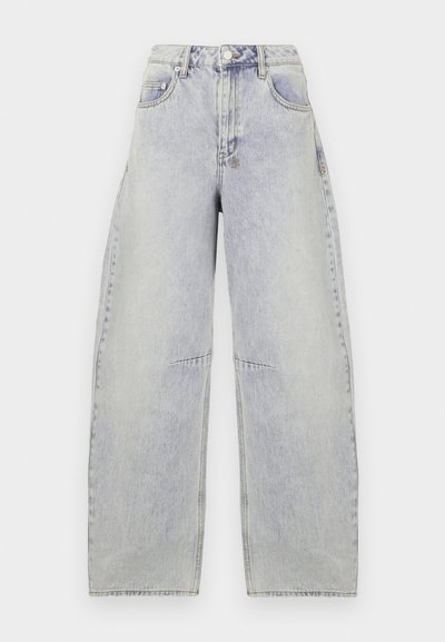 Light blue baggy denim jeans with a high waist, wide legs, faded texture, and visible stitching details. Features front pockets and a button closure.
