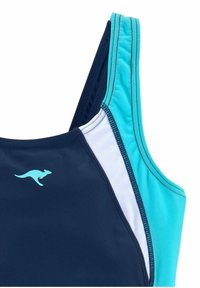 Marineblauer Schwimmanzug-Oberteil mit hellblauen und weißen Akzenten, ausgestattet mit einem Känguru-Logo, Racerback-Design und glatter Textur.