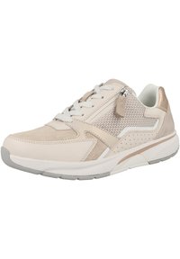 Beżowe buty sportowe z zamszowymi i siateczkowymi panelami, teksturowanymi akcentami, sznurowanym fasonem oraz zamkiem błyskawicznym. Posiadają wyściółkę w kołnierzu i gumową podeszwę.