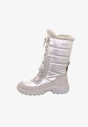 Zilveren laars tot halverwege het kalf met een gepolsterd ontwerp, nepbonten kraag, vetersluiting en rubberen zool met een gestructureerd loopvlak.