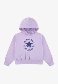 Sweat à capuche court lavande avec capuche à cordon de serrage et imprimé bleu marine "Converse All Star" avec un motif d'étoile sur le devant. Matière en mélange de coton.