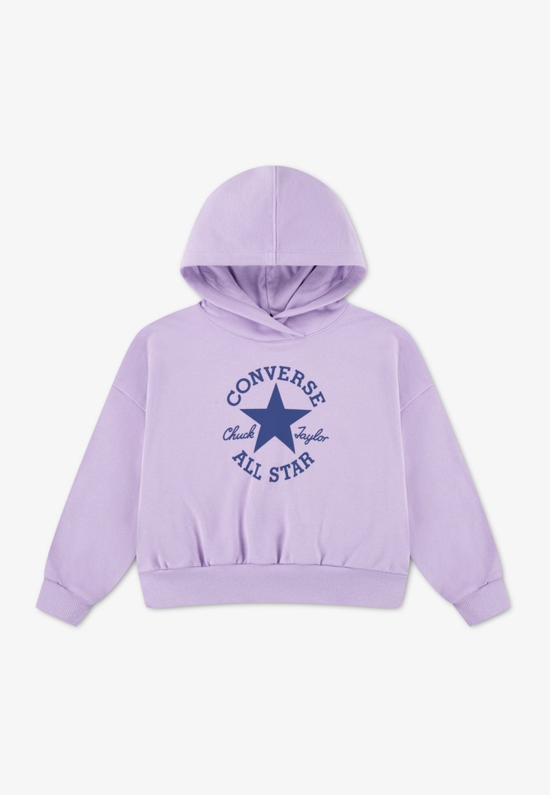 Sweat à capuche court lavande avec capuche à cordon de serrage et imprimé bleu marine "Converse All Star" avec un motif d'étoile sur le devant. Matière en mélange de coton.