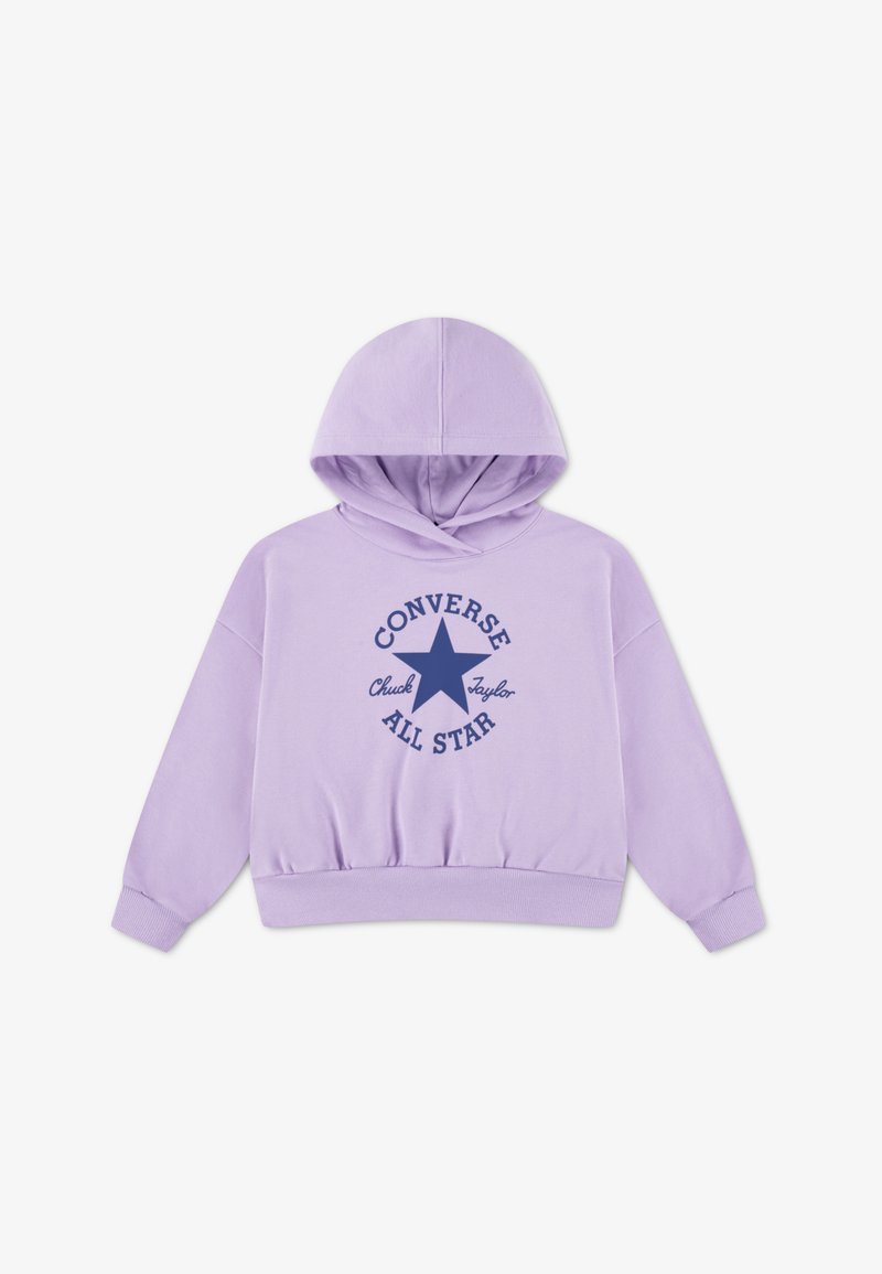 Sweat à capuche court lavande avec capuche à cordon de serrage et imprimé bleu marine "Converse All Star" avec un motif d'étoile sur le devant. Matière en mélange de coton.