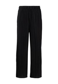Pantalon large noir plissé avec une taille élastique. Le tissu présente des rayures verticales et une texture lisse.