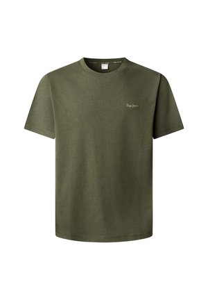 Alyvuogių žalia trumpomis rankovėmis medvilninė marškinėliai su apvalia apykakle ir mažu geltonu „Pepe Jeans“ logotipu kairėje krūtinės pusėje.