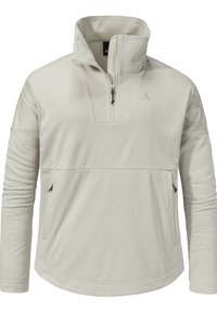 Helles grauer Pullover mit einem Halbzip-Kragen, weicher Textur und zwei seitlichen Reißverschlusstaschen. Mit dezentem Branding auf der Brust.