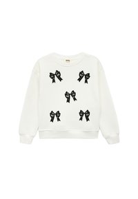Hvid sweatshirt med sorte båndgrafikmønstre, rund halsudskæring, lange ærmer og ribbede manchetter og kant. Blød tekstur.