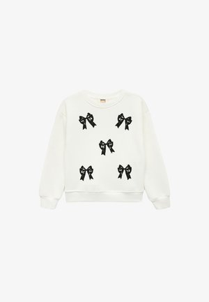 Witte sweatshirt met zwarte lintgrafiekpatronen, ronde halslijn, lange mouwen en ribgebreide manchetten en onderkant. Zachte textuur.