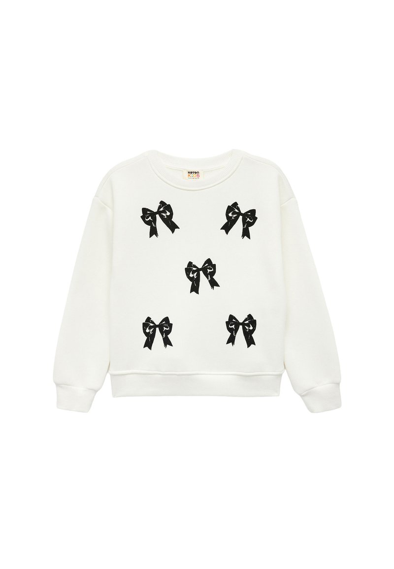 Hvid sweatshirt med sorte båndgrafikmønstre, rund halsudskæring, lange ærmer og ribbede manchetter og kant. Blød tekstur.