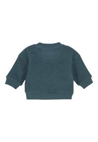 Teal cropped sweatshirt gemaakt van zacht materiaal, met korte mouwen en ribbelaccenten bij de halslijn en de zoom. Glad textuur.