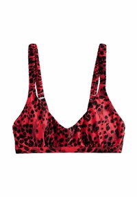 Crvena badić gornji deo s crnim leopard printom. Ima široke trakice i duboki V-izrez. Materijal izgleda glatko i rastezljivo.