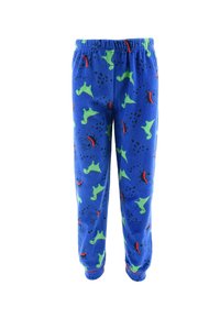 Blue fleece pajama pants with green dinosaur and turtle patterns, featuring an elastic waistband and a soft, textured finish.
