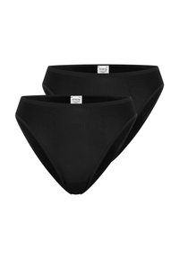 Schwarze Bikini-Shorts, hochtailliertes Design, samtige Textur, aus einem dehnbaren Material gefertigt, mit einem Markenlabel am Bund.