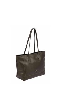 Sac fourre-tout en cuir brun foncé avec surface texturée, poignées doubles et subtils accents dorés. Dispose d'un détail de poche avant cousue.