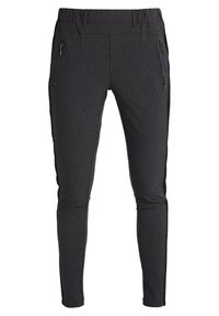 Pantalons noir ajustés avec une taille élastique, poches zippées et panneaux latéraux texturés. Fabriqués à partir d'un matériau lisse et doux.