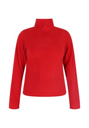 Rode fleece trui met lange mouwen en een ritskraag. Zachte stof, aansluitend ontwerp en vlakke naden. Geen patronen of hardwaredetails.
